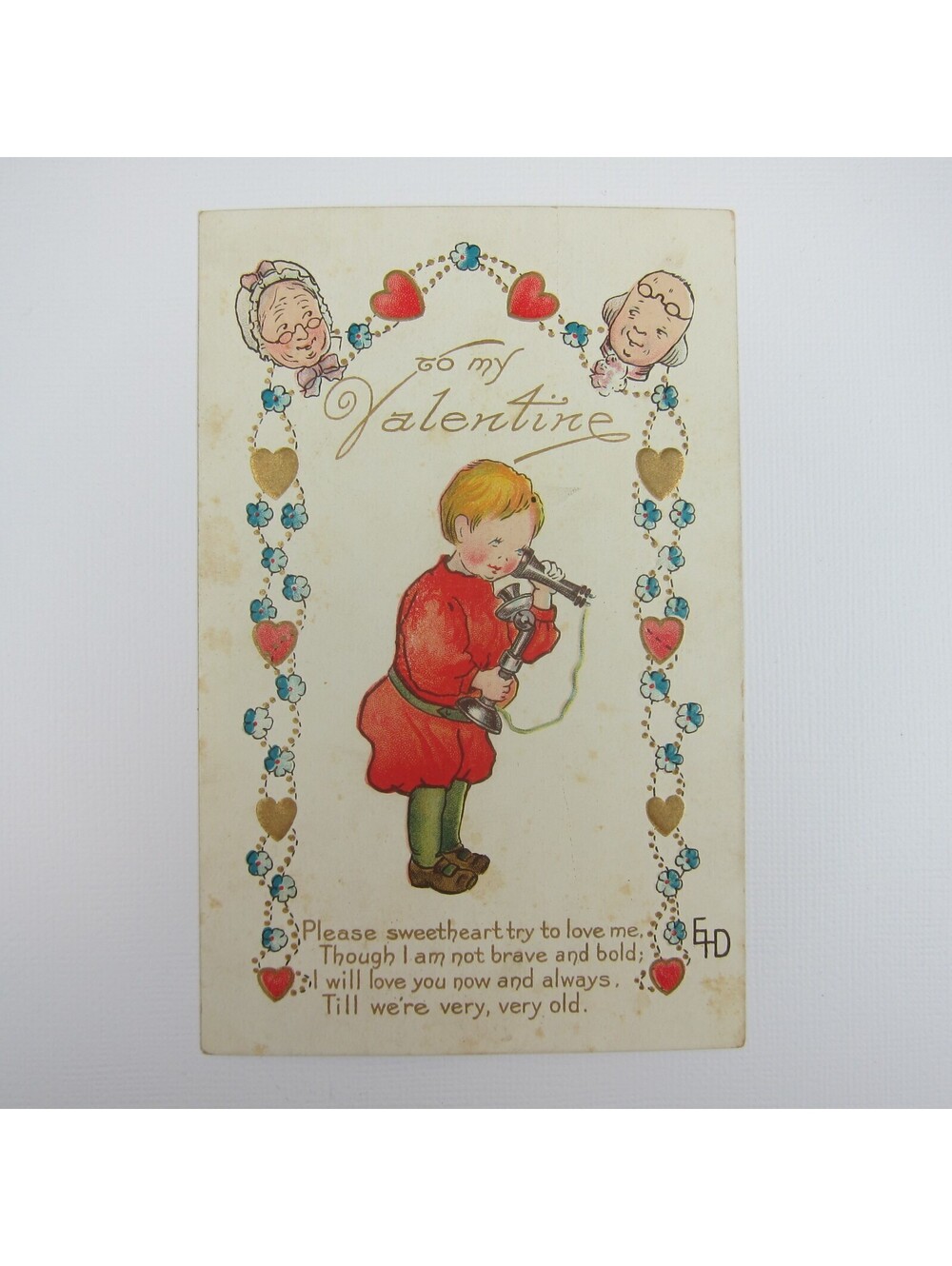 Postcard Greeting Valentine Blonde Boy Antique Telephone Old Man & Woman Hearts